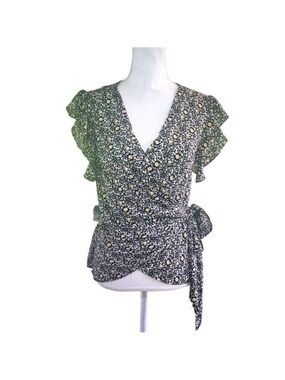 Max Studio Dainty Floral Print Belted Faux Wrap Top Flutter Sleeves Blouse Sz: M
